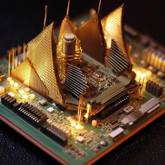 A close up of a computer mother board with a golden sail generative ai