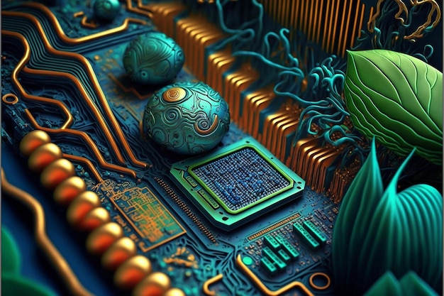 a close up of a computer motherboard with a green and gold design generative ai