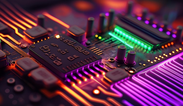 A close up of a computer motherboard with neon lights