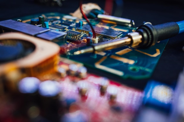 close-up of computer parts on table