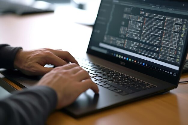 Photo close up of computer programmer working on laptop