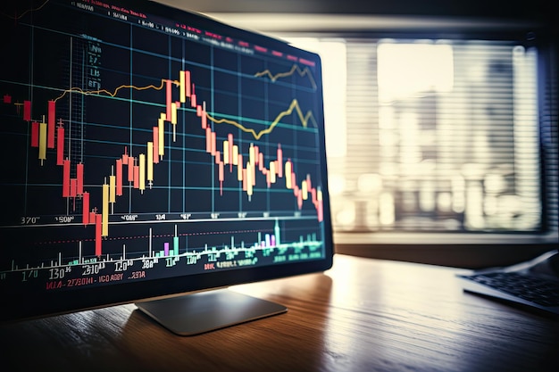 Close up of computer screen with candlestick chart Finance and trade concept Double exposure Investment concept with stock market chart and candlestick graph on virtual screen AI Generated