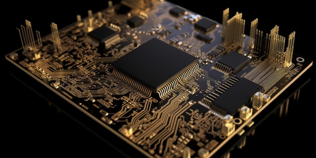 A close up of a computer with a black background and a circuit board.