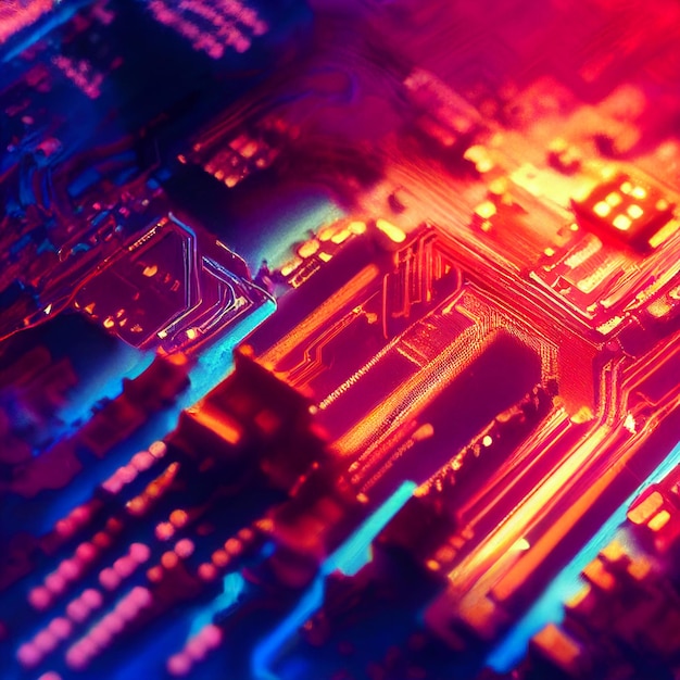 A close up of a computer with a blue and red background
