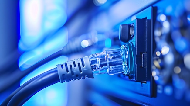 close up of a computer with a neon light on a blue background