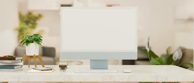 Close-up computerbureau met blauwe computer leeg scherm mockup voor montage van uw grafische, moderne inrichting, 3D-rendering, 3D-illustratie