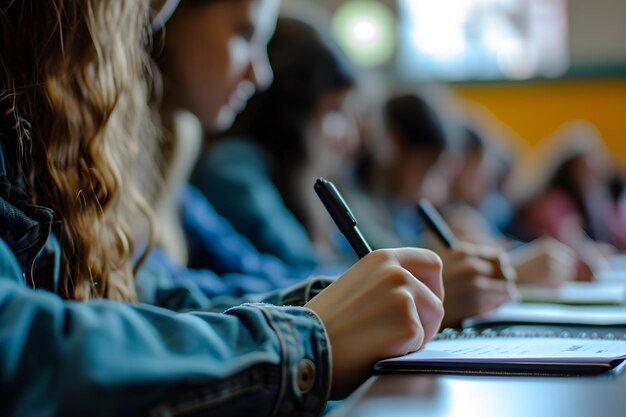 Foto concetto ravvicinato di studenti che studiano in una lezione in classe