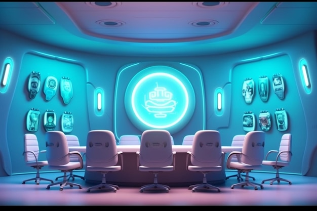 A close up of a conference room with a neon sign generative ai