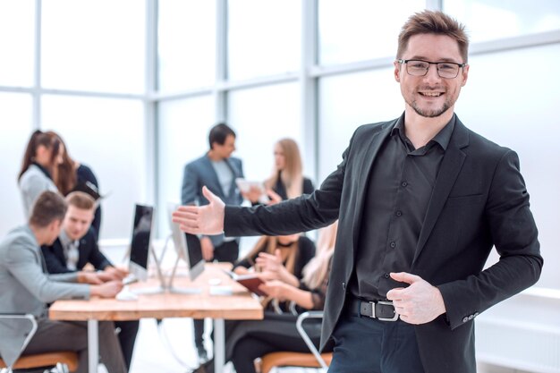 Close up confident business man standing in the office