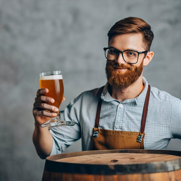 Close up of confident young man brewer with self crafted beer in glass on wooden barrel on grey wall
