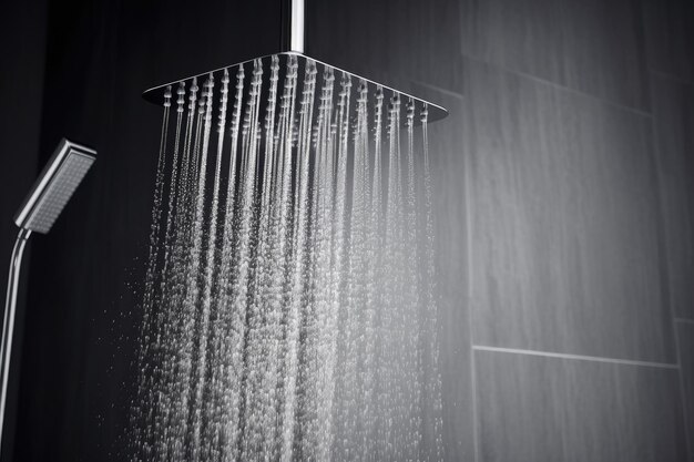 Close up of a contemporary bathroom shower with water droplets falling