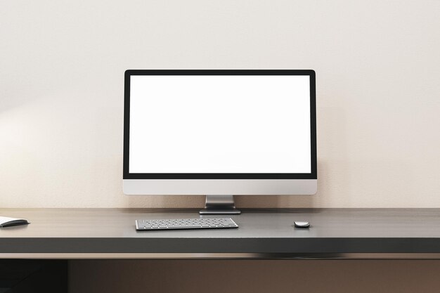 Близкий взгляд на современный дизайнерский офисный интерьер с пустым белым компьютерным монитором и другими предметами Mock up 3D Rendering