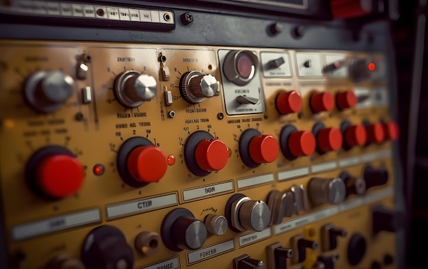 A close up of a control panel with red knobs and a red button.