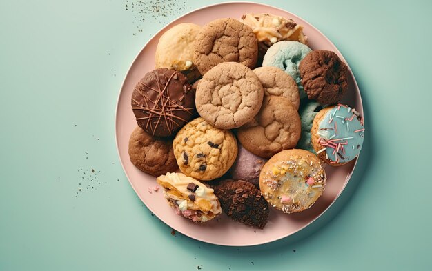 Photo a close up cookies on a pastel background sweet dessert bakery food ai generated