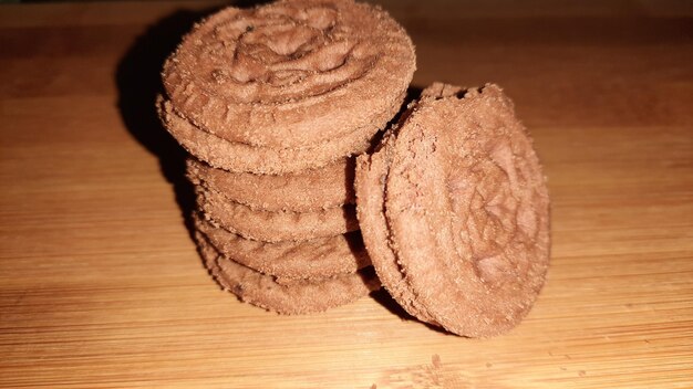 Close-up of cookies on wooden table