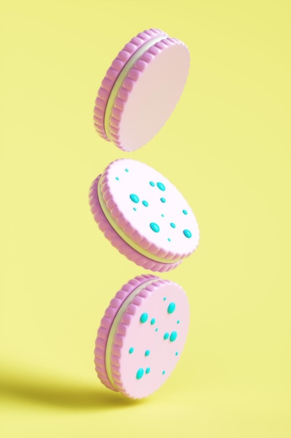 Photo close-up of cookies on a yellow background. 3d rendering illustration