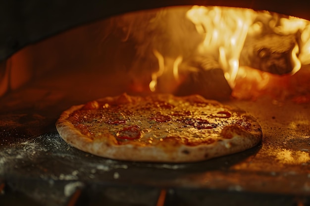 Close up cooking pizza in traditional oven