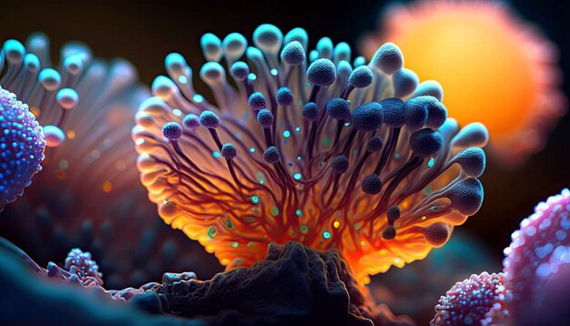 A close up of a coral with blue and orange lights