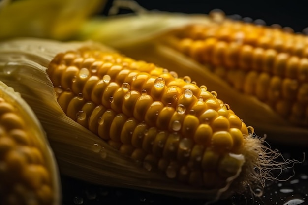 A close up of corn on a black surface