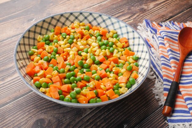 Close up of corn carrot and beans in a bowl