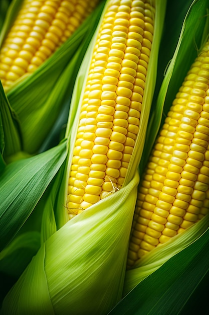 Close up of corn on the cob with leaves Generative AI