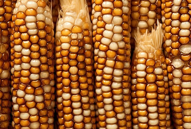 close up of corn on an ear or cob in the style of light bronze and beige