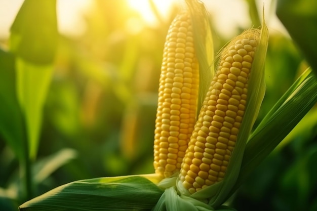 Close Up of Corn on Green Field Generative AI