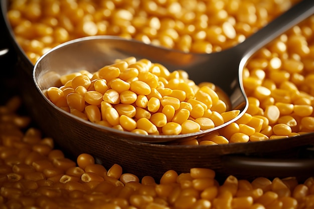 Close up of corn kernels in a metal scoop