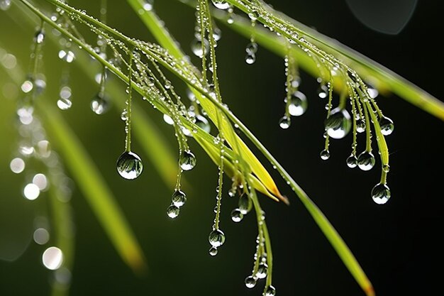 A close up of corn silk with tiny water droplets focusing on its delicate beauty