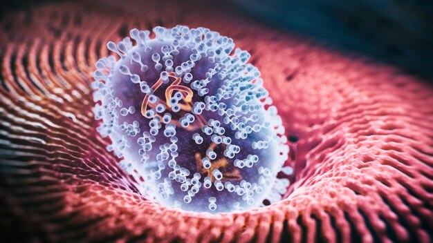 A close up of a coronavirus cell