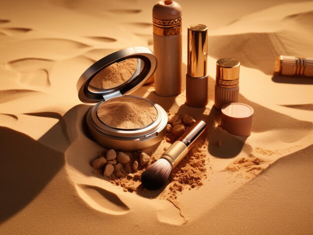 A close up of cosmetics on a sandy surface imaginary photorealistic image