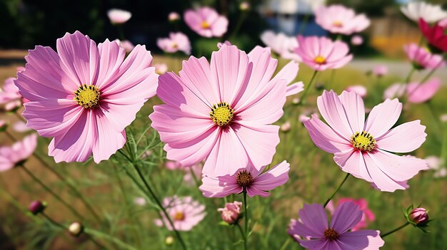 Close up cosmos flowers blooming on softness style in spring summer under sunrise