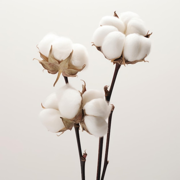 A close up of cotton flowers with a white background