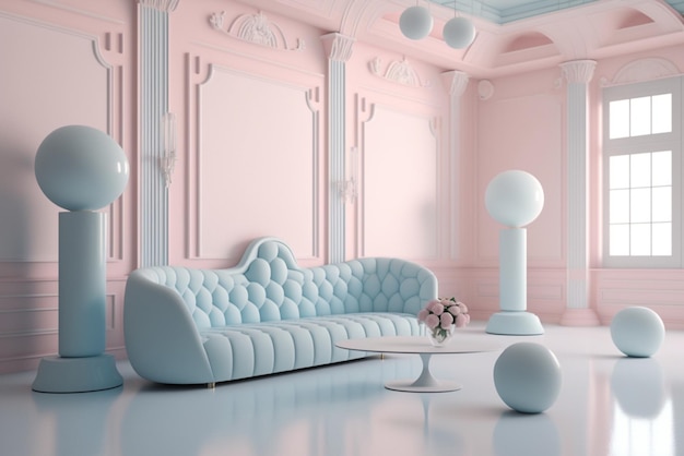 A close up of couch in pink room with and table generative ai