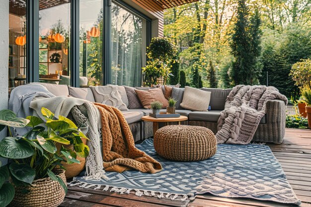 Близкий взгляд на диван на деревянной палубе с ковровым генеративным ай