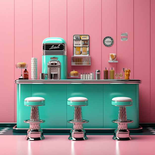 a close up of a counter with three stools and a small refrigerator generative ai