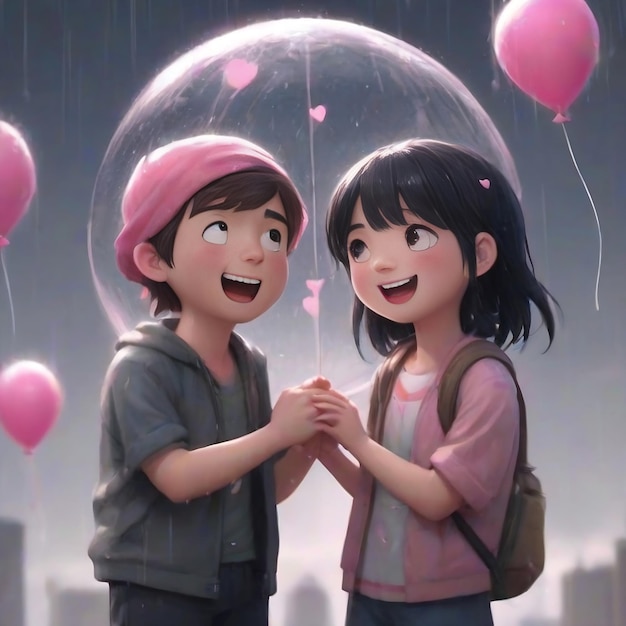 a close up of a couple holding hands on a globe raining with cute doting eyes