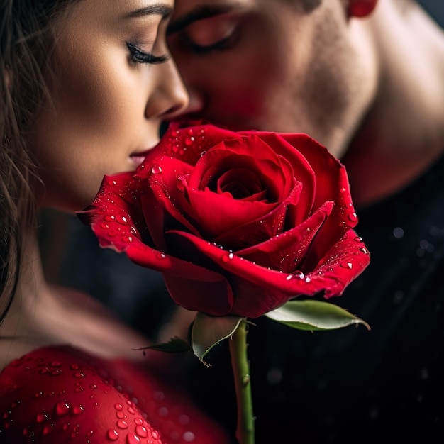 Влюбленная пара в красном платье с розами в День святого Валентина глубоко влюбленная улыбающаяся пара