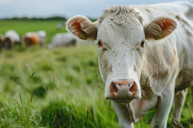 A close up of a cow in a field of grass