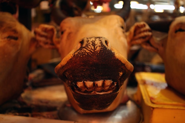 Photo close-up of cow head at butcher shop for sale