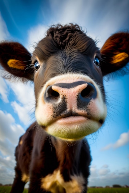 Close up of cow's face with blue sky in the background Generative AI