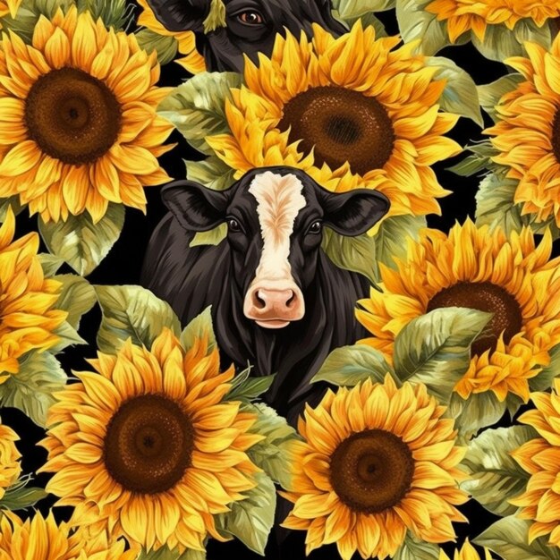 A close up of a cow surrounded by sunflowers on a black background generative ai