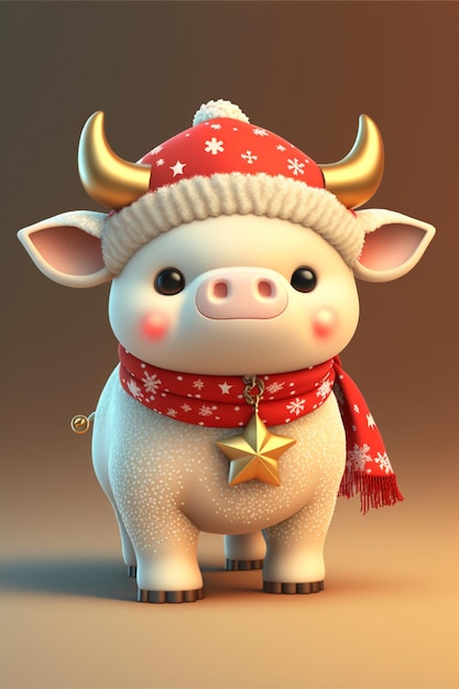 Close up of a cow wearing a hat and scarf generative ai