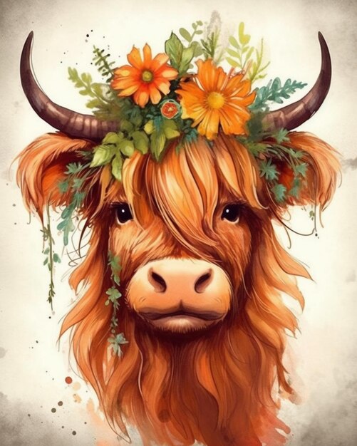 A close up of a cow with flowers on its head generative ai