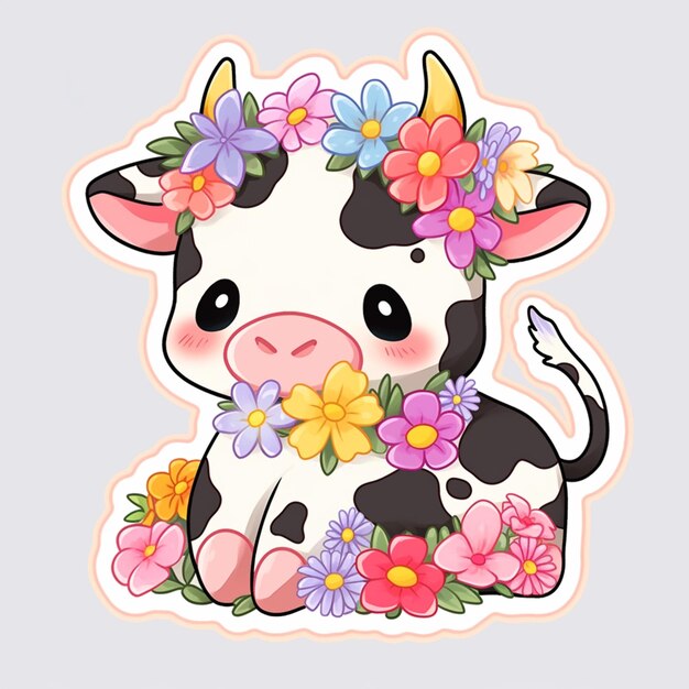 Photo a close up of a cow with flowers on its head generative ai