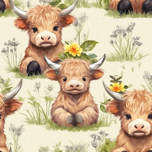 A close up of a cow with horns and flowers on a field generative ai