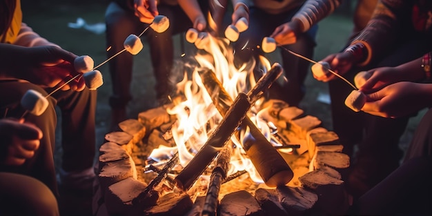 Close up cozy camping scene with a flickering campfire surrounded by friends roasting marshmallows