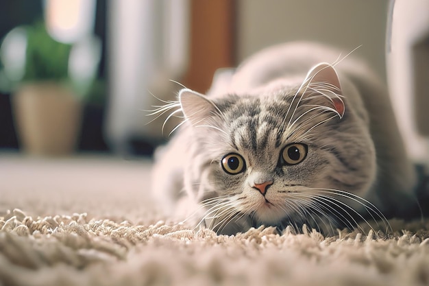 白い色調のリビング ルームの背景に設定されたカーペットの上でくつろいでいる居心地の良い猫のクローズ アップ