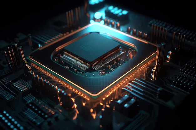 A close up of a cpu with blue lights