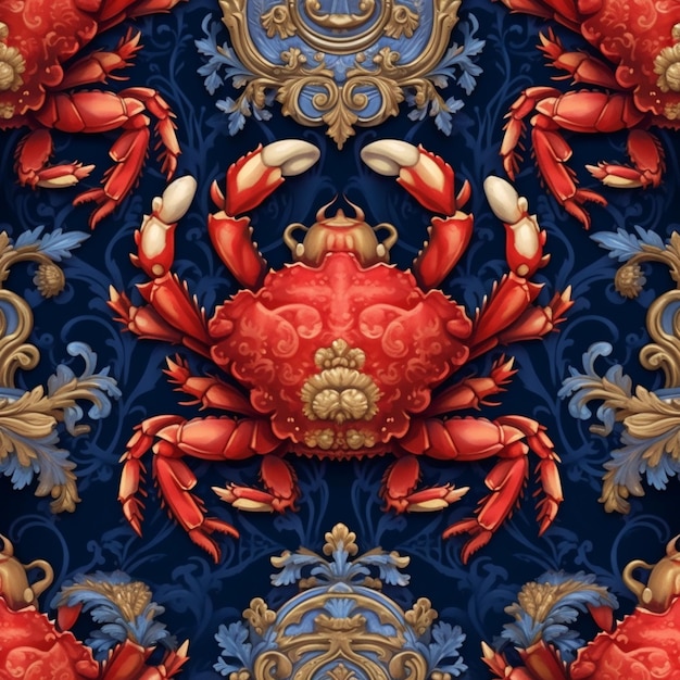 A close up of a crab on a blue background with gold accents generative ai